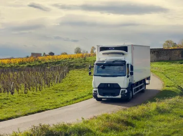 Renault Trucks D Wide 19 tonnes équipé d'une caisse réfrigérée Lamberet : sur la route au milieu des vignes en automne